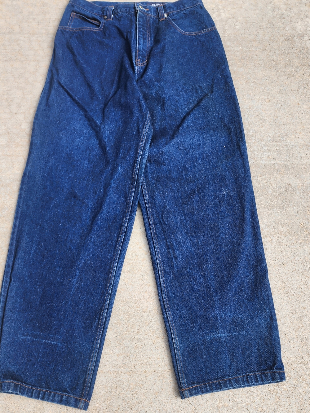 FUBU Vintage 90s Dark Blue Denim Baggy Carpenter Jeans with Pocket Logo, Sz 32 - Picture 6 of 8
